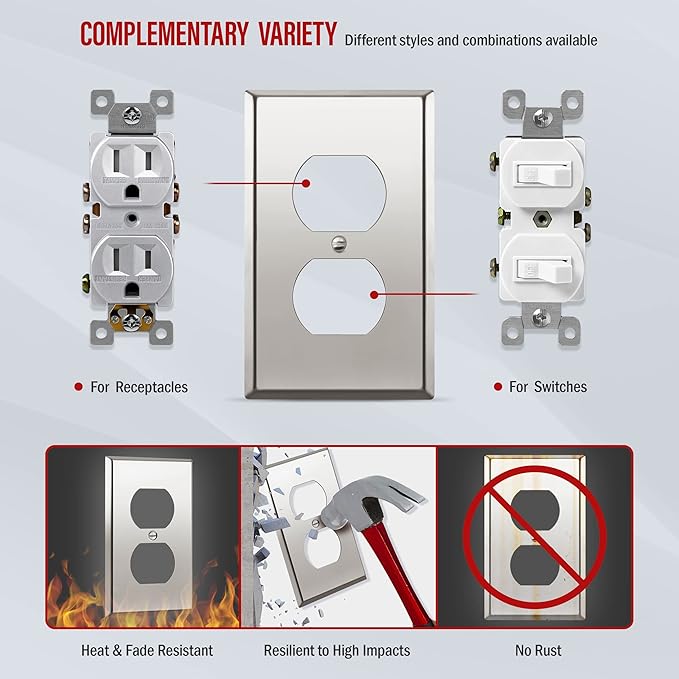 ENERLITES Duplex Receptacle Outlet Metal Wall Plate, Stainless Steel Outlet Cover, Corrosion Resistant, Size 1-Gang 4.50" x 2.76", Stainless Steel 201, 7721-PC, Polished Chrome, Silver