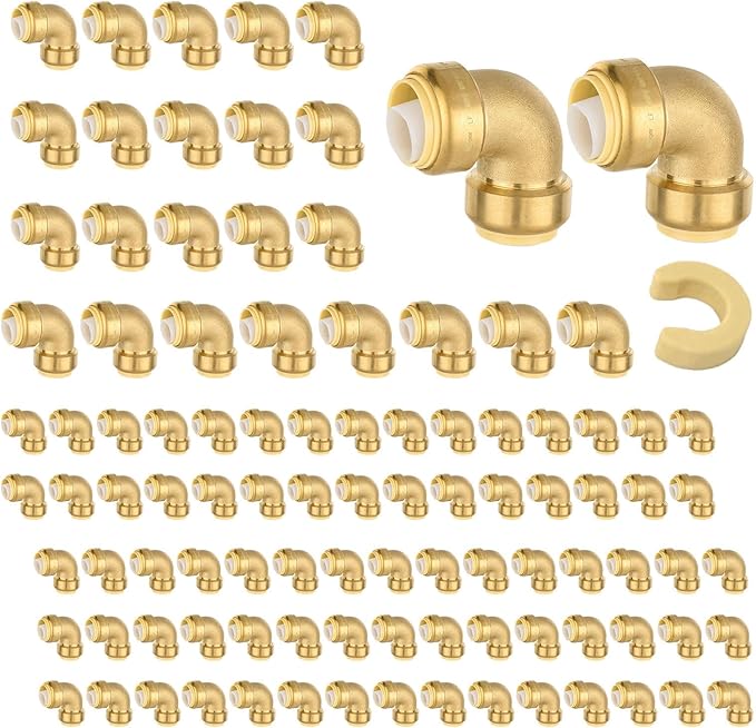 (Pack of 100) Niikappu 1/2 Inch x 1/2 Inch Elbow Brass Fitting, Push to Connect Brass Plumbing Fitting, PEX, Copper, CPVC, PE-RT Pipes(PF042-100Pack)