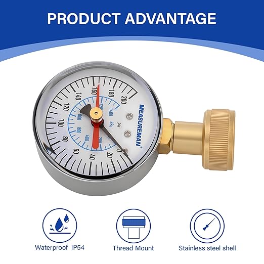 MEASUREMAN 0-200 PSI Water Pressure Gauge with Lazy Hand, 2-1/2'' Dial, Lead-Free, Stainless Steel Case, 3/4” Hose Thread, Water Pressure Gauge for Home