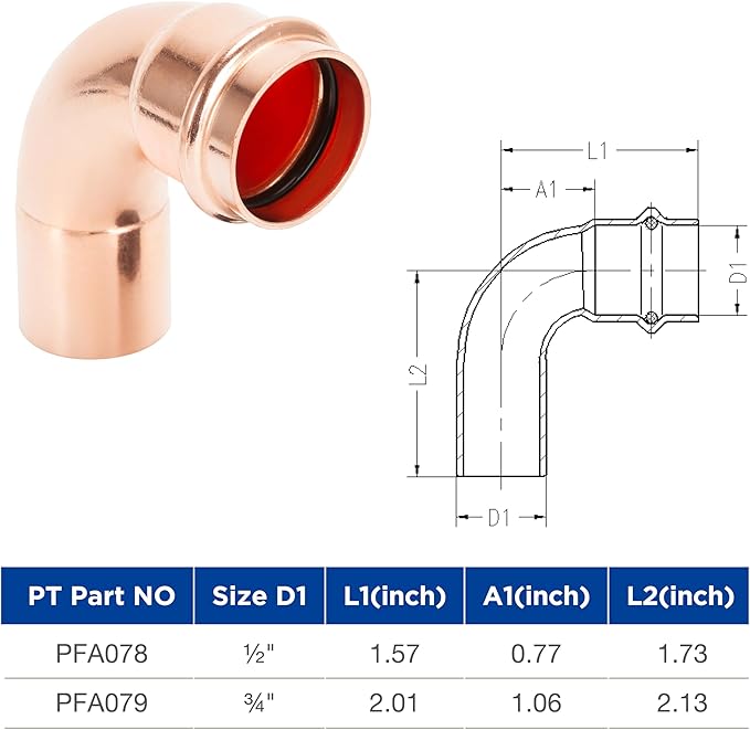 Copper Press Fittings 90 degree Street Elbow Copper Coupling Zero Lead FTG x P 1/2 inch x 1/2 inch for Residential Commercial 10-Pack