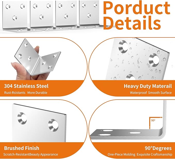 80Pcs Stainless Steel Angle Bracket, 2"x2"x2" Heavy Duty L Brackets for Wood, 50MM 2Inch Wide Corner Brackets Metal Corner Brace 90Degree L Shape Bracket for Wooden Frame Bed Furniture Bookshelf