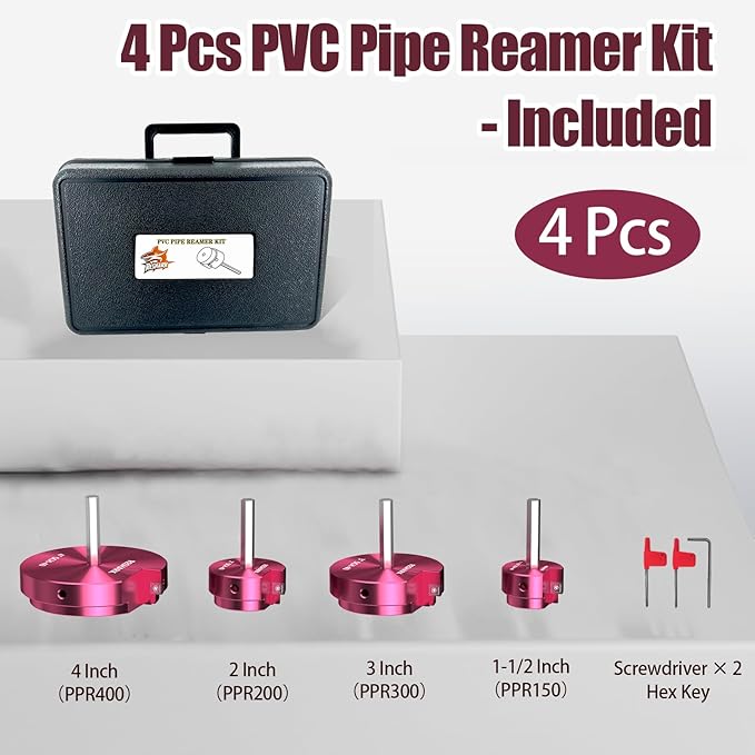 4 Pcs PVC Pipe Reamer Kit, PVC Fitting Saver Plastic Pipe Fitting Reamer Socket Saver Plumbing Tool Includes 1 1/2'', 2'', 3'', 4'' for Schedule 40 Fits Standard 1/2" Drill