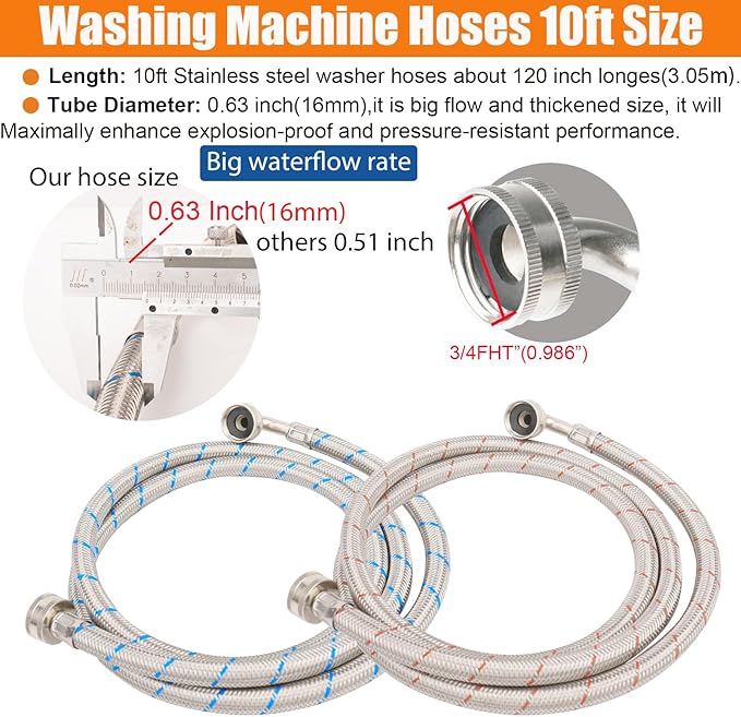 WHK 2 Pack 20ft Washing Machine Hoses Stainless Steel Washer Hoses with 90 Degree Elbow Washer Hot and Cold Water Hose Connection Inlet Washer Supply Lines