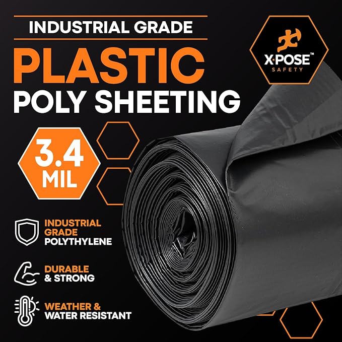 Xpose Safety Black Plastic Sheeting (Bulk Half Pallet 25 Pack) – 10' x 100' Rolls – Heavy Duty 3.4 Mil Poly Sheet – Waterproof, Dustproof, Vapor Barrier – for Construction, Painting, Industrial Use