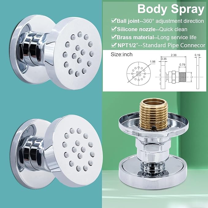 Enga Antique Shower Faucet Sets Dual Heads with 4 Body Jets, 8" + 6" Ceiling & Wall Mount Vintage Shower Head with Handheld Spray Combo, 4 Way Diverter Brass Valve, Chrome