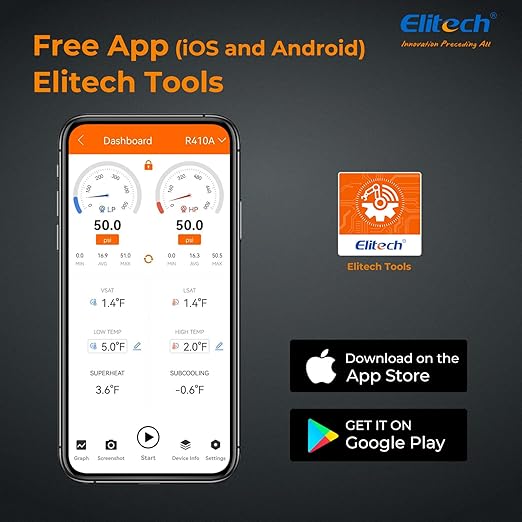 Elitech PT-500/800pro Digital Manifold Gauge with APP Control, Auto Superheat/Subcool Calculation, Compatible with 140 Refrigerants, for HVAC AC Refrigeration Maintenance