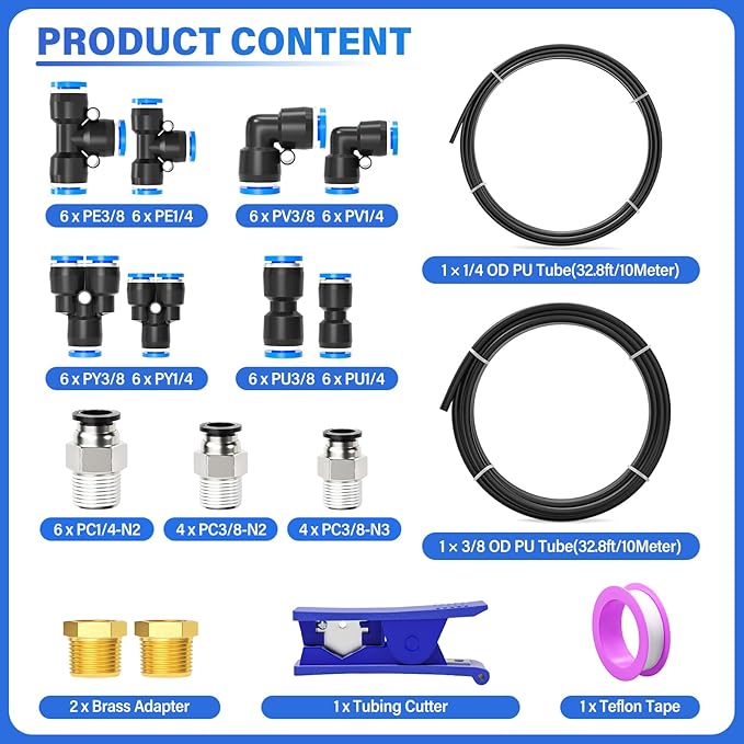 TAILONZ PNEUMATIC Black 1/4''OD 3/8''OD 10 Meter 32.8ft PU Polyurethane Air Tubing Kit Pipe Hose Air Line Tubing Air Hose Fittings Push to Connect Fittings(68PCS)