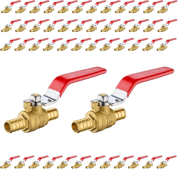 50-Pack Foskan 1/2 Inch PEX Crimp Full Port Ball Valve with Red Handle, Brass Quarter Turn Shut-off Valve for PEX Tubing