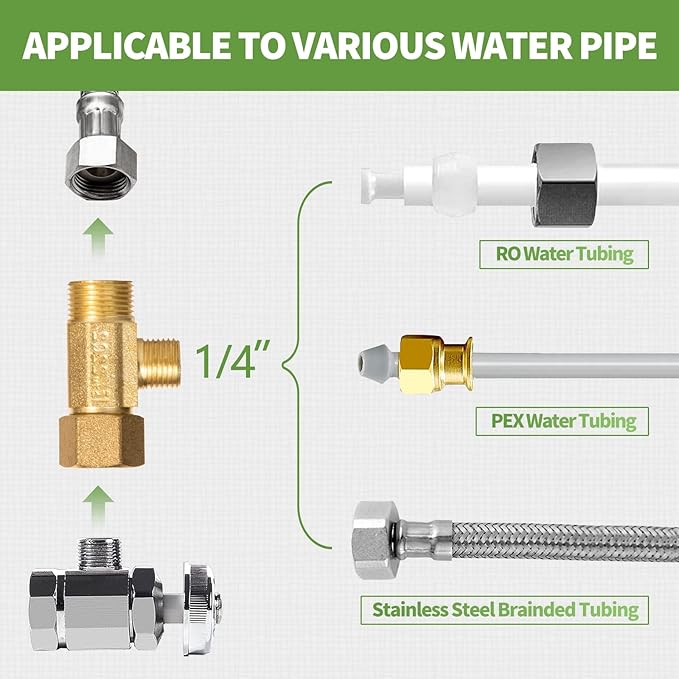 Lead-Free 6 PCS Brass Angle Stop Add-A-Tee Valve 3/8" Female by 3/8 Inch by 1/4-Inch Male T Extender Water Compression Easy Connect Tee (Pack of 6)