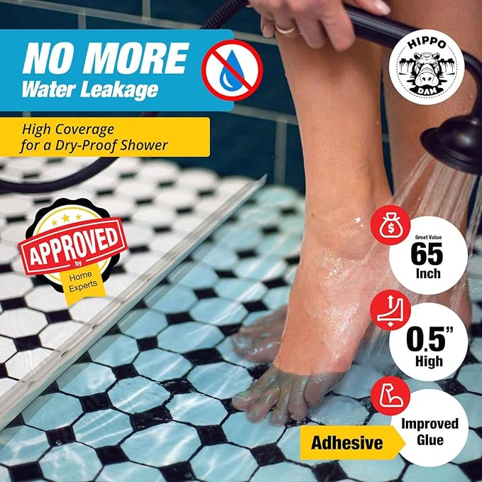 Shower Threshold Water Dam Barrier 65" - Transparent Collapsible Shower Water Blocker - Guard for Walk in Shower - Water Guard Stopper for Floor - Shower Door Water Blocker by Hippo Dam