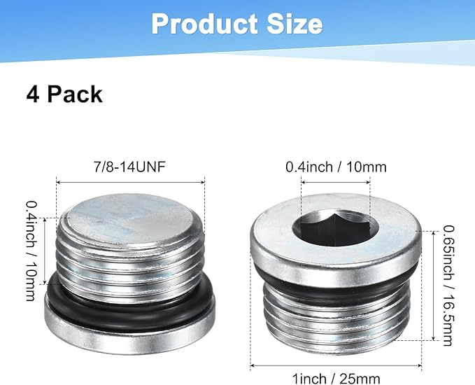 4-Pack 7/8-14UNF Inner Hex Head Pipe Fitting Plug, Carbon Steel Sensor Socket Plug with Seal O-Ring for Terminate Pipe Ends/High Pressure Washer, Sealing Screw