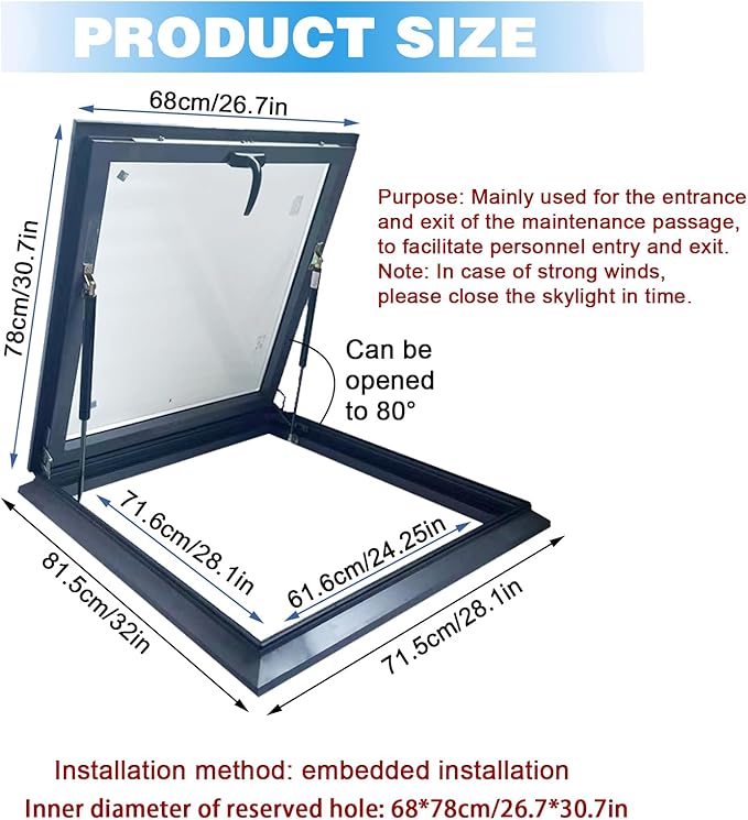 Skylight Roof Window, Tempered Glass Skylight Cover, Aluminum Alloy Frame & Hydraulic Rod, Egress Roof Window with Double-Layer Tempered Glass, for Roof, Attic, Basement, Sun Room(26.7*30.7in/68*78cm)