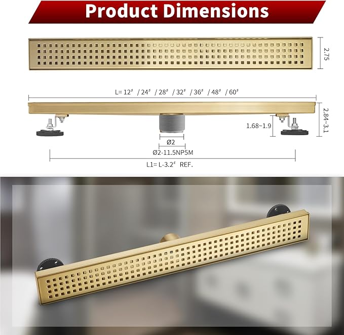 Sharp-tec 28 inch Linear Shower Drain, Gold Rectangular Floor Drain, V-Shape Design Drain Channel, 304 Stainless Steel, cUPC Certificated for Bathroom Shower Room (Drain Base is Not Included)