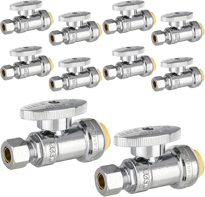 HeSun 10-PCs Push-Fit Straight Stop Valve, 1/2" Push x 1/4" OD Compression Straight Stop, 1/4 Turn Water Shut Off Valve for Bathroom with Disconnect Clip Tool
