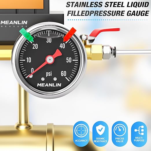 MEANLIN MEASURE 0~60Psi Black Stainless Steel Pressure Gauge, Glycerin Filled 1/8" NPT 1.5" FACE DIAL, Liquid Filled Pressure Gauge WOG Water Oil Air Back Mount (with 2PCS Snaps)