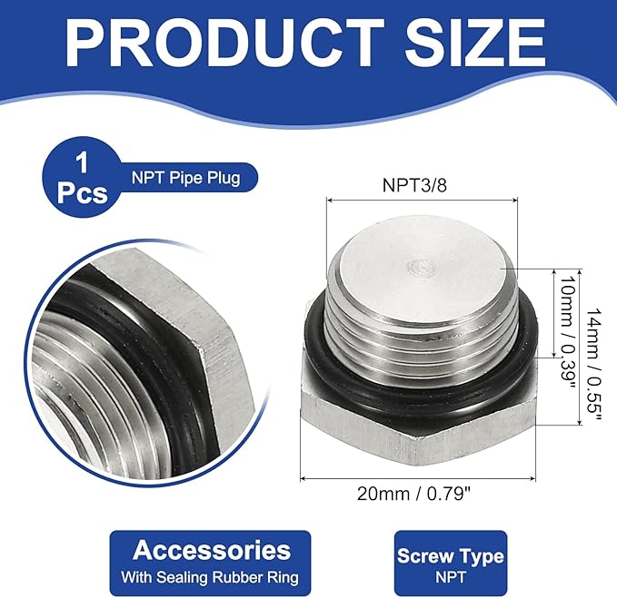 MECCANIXITY NPT Pipe Plug Fitting, 304 Stainless Steel NPT3/8 Male Outer Hex Thread for Plumbing Fixed with Sealing Rubber Ring