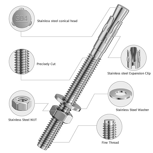 5Pcs 5/8x8 Inch Standard Fasteners for Heavy-Duty 304 Stainless Steel Wedge Anchors for Cement and Concrete