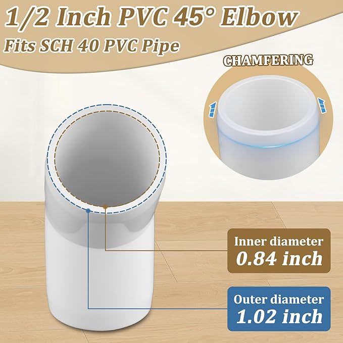 20-Pack 1/2" 45 Degree Elbow PVC Fittings, Furniture Grade Pipe Fittings 45 Degree Elbow for SCH40 PVC Pipe, UV Resistant, Pipe Connectors for All DIY Structure and Frames