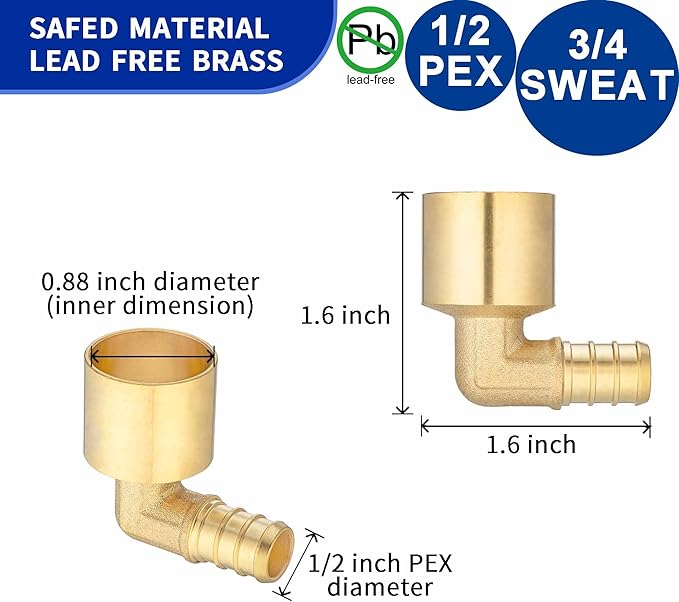 (10 Pack) Lidertik Copper to Pex Fittings Elbow, 1/2" Pex B F1807 x 3/4" Female Sweat Elbow Adapter Brass LI-APXFSE1234 (10 Pieces)
