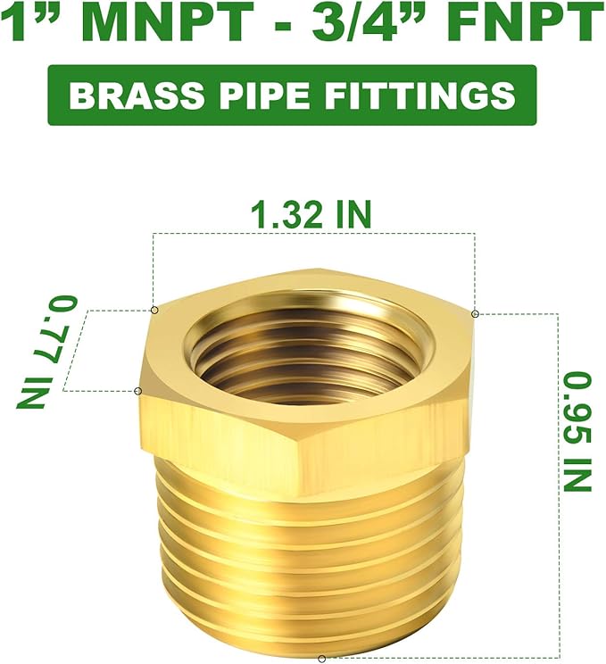 TAISHER 5PCS Brass Reducer Hex Bushing Threaded Pipe Fitting 1" NPT Male x 3/4" NPT Female Adapter