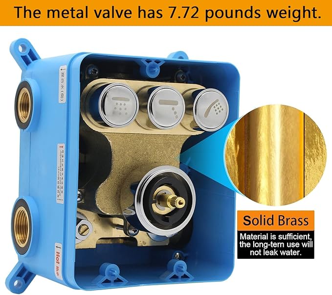 Modern Push-Button 3 Way Thermostatic Shower Diverter Valve Concealed Brass Faucet Rough-In Mixer Valve Kit in Chrome, Can Use Together