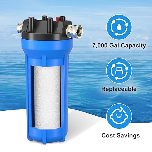 4-Layer RV Water Filter with Stand and 7,000 Gallons Capacity, 3/4" GHT Metal Threads Inline Water Filter, Removes Sediments, Chlorine, PFAS, PFOS, VOCs, Heavy Metals, Bad Taste, Odor, and More
