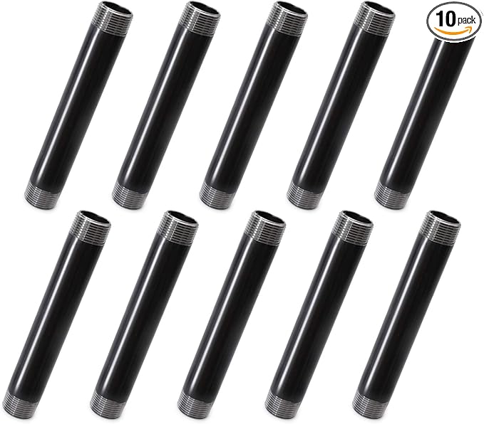 TZH 10 Pack Heavy Duty Pre-Cut Steel Pipe, 1"x8", Grey, Threaded Metal Pipe Nipple for Industrial Vintage Style DIY Project/Furniture/Shelving Decoration