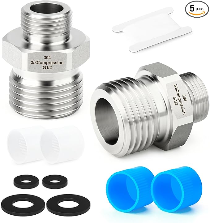 TAISHER 5PCS 304 Stainless Steel Reducer Faucet Adapter 1/2" G Thread (BSP) × 3/8" Compression Pipe Fitting for RV kitchen bathroom faucet supply line adapter with rubber gasket