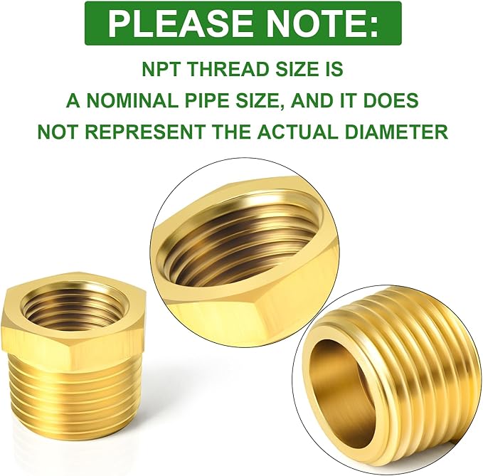 TAISHER 2PCS Brass Reducer Hex Bushing Threaded Pipe Fitting 1/4" NPT Male x 1/8" NPT Female Adapter