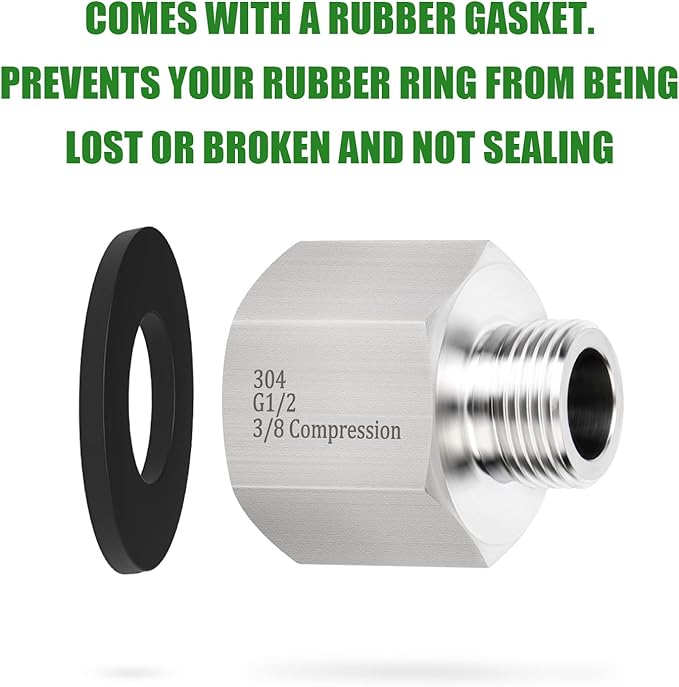 TAISHER 5PCS 304 Stainless Steel Water Hose Adapter 1/2" G Thread (BSP) × 3/8" Compression Pipe Fitting for kitchen bathroom faucet supply line adapter with rubber gasket