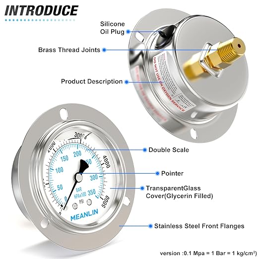 MEANLIN MEASURE 0~5000Psi Liquid Filled Pressure Gauge Front Flange Panel Mount, 1/4" NPT 2.5" FACE DIAL Stainless Steel Case with Phillips Screw, Nut and Brass Hex Bushing, +/-3-2-3%