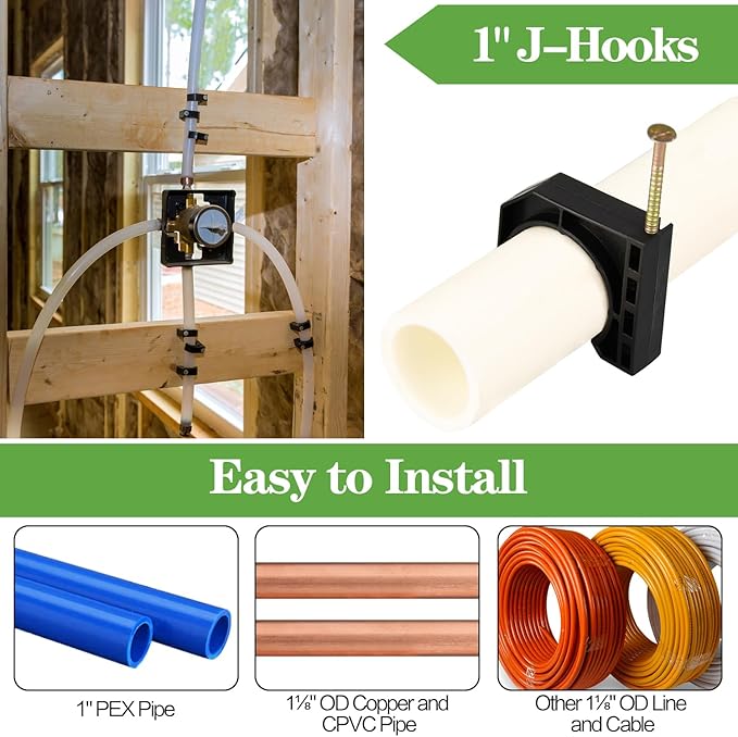 50 Pack Pack 1" Half Clamps J-Hook with Nails Set, J Clamps for PEX, Copper, CPVC Tubing Connections