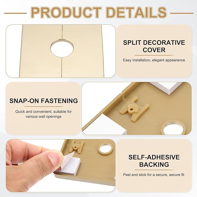 PATIKIL Wall Split Flange 86mm / 3.4" OD, 4 Pcs Square Escutcheon Plate Cover PPR Plumbing Cover Plates with Self-Adhesive Tape for 22mm / 0.9" Dia Water Pipe Faucet, Gold