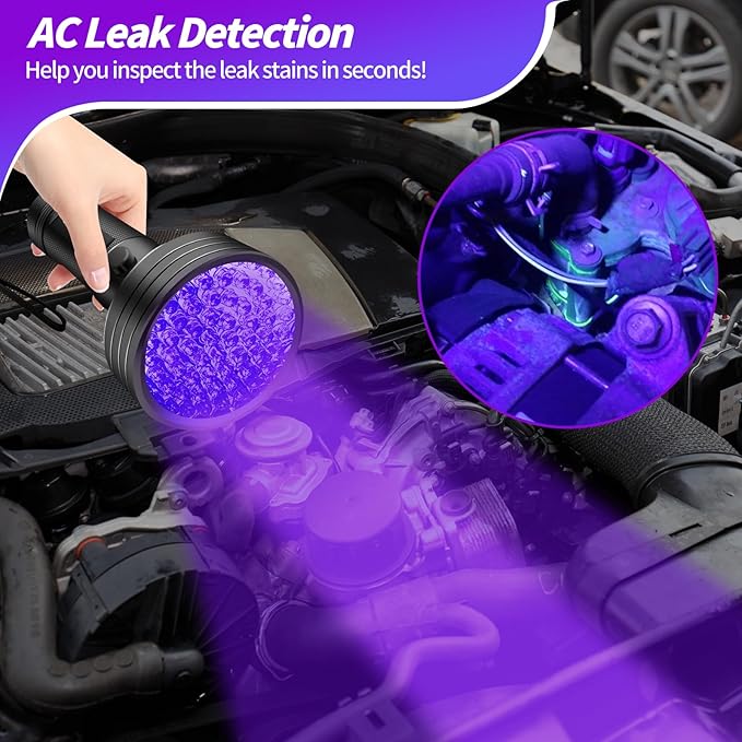 Air Conditioner UV Dye Leak Detector, Pro Auto Oil AC UV Dye Leak Test Detection Tool Kit 68 LED A/C UV Flashlight Detector with Protective Glasses