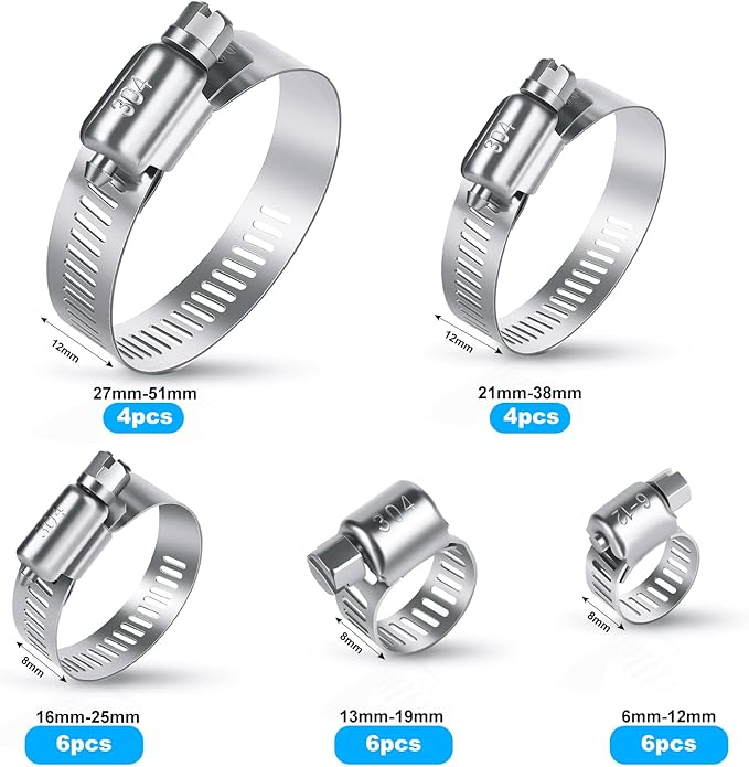 26PCS Stainless Steel Hose Clamps Assortment Kit, 1/4-2 in (6-51 mm) Adjustable Worm Gear Pipe Hose Clamp for Fuel Line, Plumbing, Automotive, Garden, Tube, Radiator, Mechanical Applications