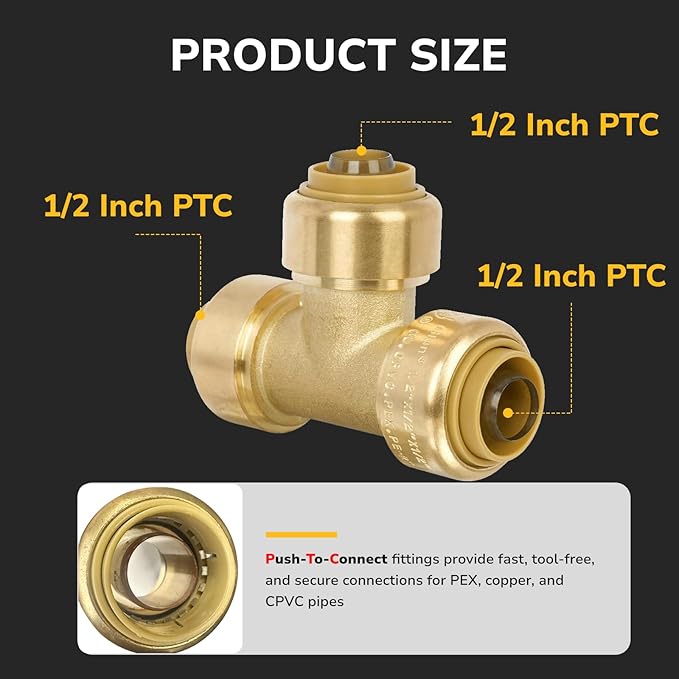 1/2" Pex Tee Pushfit, Push to Connect Brass Plumbing Fitting for Copper, CPVC, PEX Pipe, Brass Pex Fitting with Upgraded Stiffener, Disconnect Clip Included, NSF & UPC Certified, 2 Pack