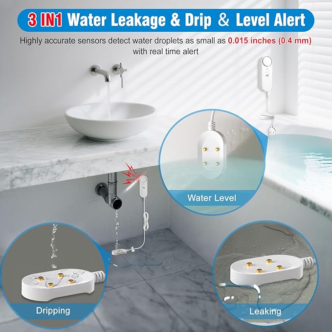 Daytech 3in1 Water Alarm for Basements with 6.5ft Detection Cable Water Sensor for Bathroom Water Leak Detectors for Home RV Kitchen Sump Pump Alarm for Water Heater Washing Machine Sink (4 Pack)
