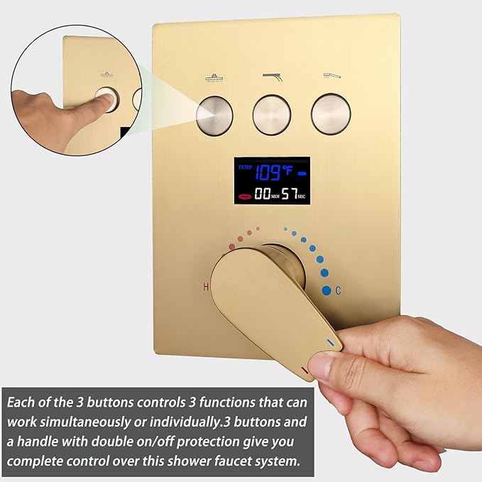 Shower Faucet Set Brushed Gold Shower System with 12 inch and 8 inch Wall Mounted Shower Head, Digital Temperature Display Push Button Shower Fixtures with Handheld Shower