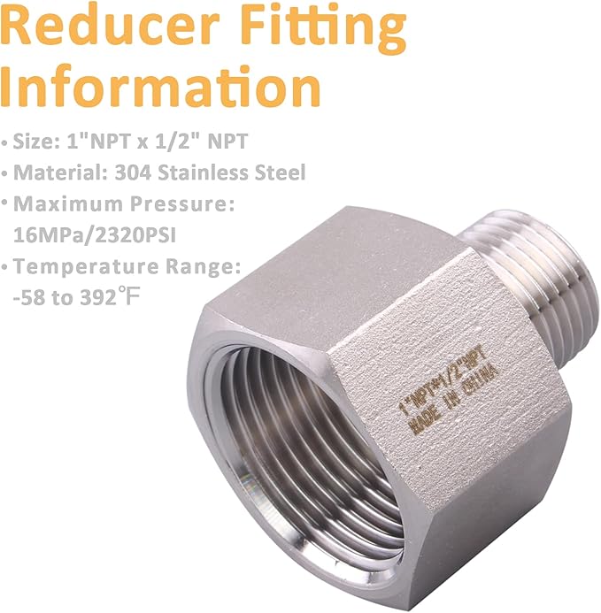 Forged Reducer Adapter Fitting - Stainless Steel 304 Reducing Pipe Connector, 1" NPT Female x 1/2" NPT Male (pack of 5)