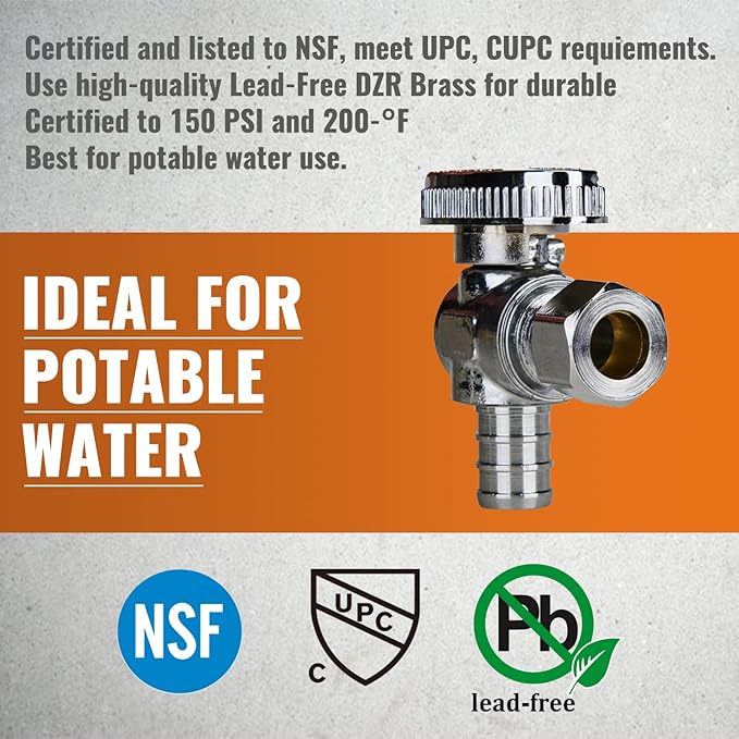 SUNGATOR 12-Pack Angle Stop Valve, 1/2" PEX x 3/8" OD Compression, Quarter Turn Chrome Plated, 1/2 inch Pex Shut Off Valves for Faucet and Toilet, UPC Certified