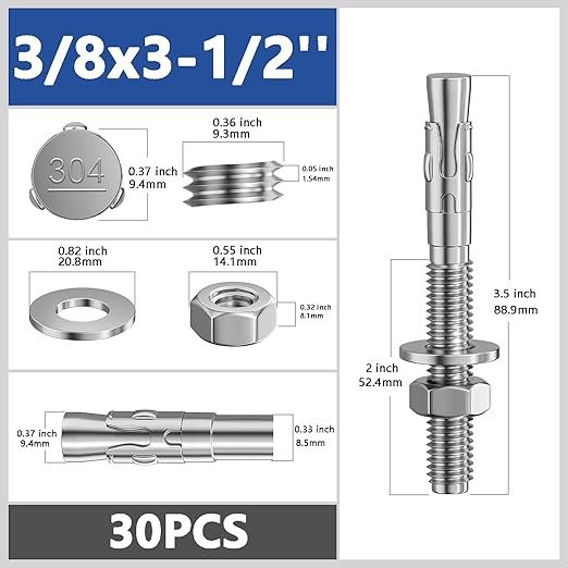 30Pcs 3/8x3-1/2 Inch Standard Fasteners for Heavy-Duty 304 Stainless Steel Wedge Anchors for Cement and Concrete