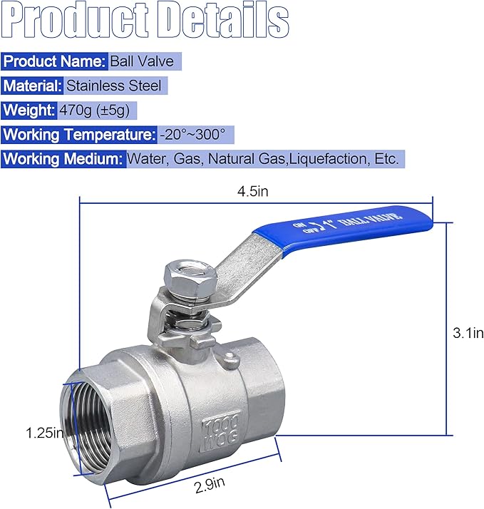 1 Inch Ball Valve, Premium 304 Stainless Steel Full Port Forged NPT Ball Valve for Water Oil and Gas with Long Handle Shut Off Switch, 1000 WOG (1 Piece, FNPT to FNPT)