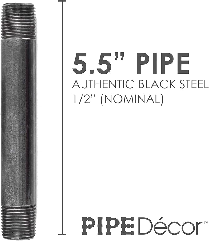 PIPE DÉCOR 1/2" x 5" Malleable Cast Iron Pipe Nipple, Pre Cut Connectors, Industrial Steel Grey Fits Standard Half Inch Black Threaded Pipes Nipples and Fittings, Vintage DIY Furniture, 6 Pack