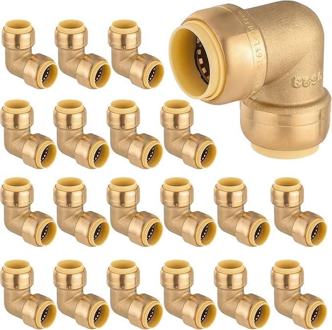 20-Pack HeSun Pushfit 90 Degree Elbow, 1/2"x1/2" Push to Connect Plumbing Fittings with Disconnect Clip, Brass Push-fit Fittings for PEX, Copper, CPVC, PE-RT Pipes(PF045-20)