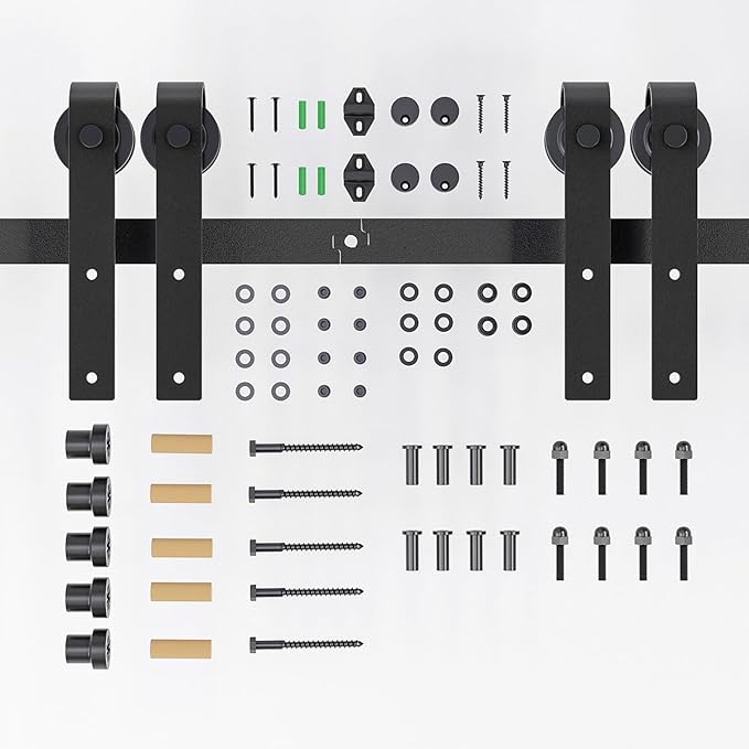 8FT Sliding Barn Door Hardware Kit for Double Door, Sliding Door Track, Easy to Install, Smoothly and Quietly, Fit 1.18-1.96" Thicknesses Fit Double 24" Wide Door (J Shape Hanger)