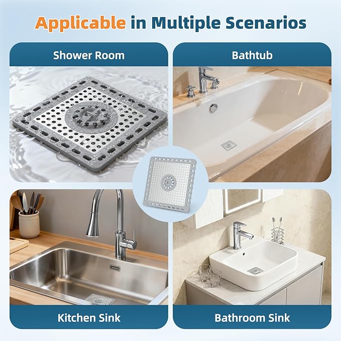 Hibbent 2 Pack Upgraded Shower Drain Hair Catcher, Shower Drain Cover for Bathroom Floor 6" Drain, Anti-Clogging Bathtub Drain Strainer, Stainless Steel Kitchen Sink Drain Strainer with Handle, Grey