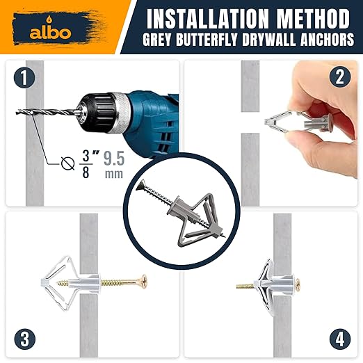 ALBO Drywall Anchor Kit Hollow Wall with Screws 50 pcs. (Grey Anchor 25pcs + Screws 25pcs) Plastic Hollow Wall Drilling Anchors