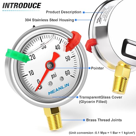 MEANLIN MEASURE 0~60Psi Pressure Gauge, Glycerin Filled 1/8" NPT 1.5" FACE DIAL, Stainless Steel Liquid Filled Pressure Gauge WOG Water Oil Air Lower Mount (with 2PCS Snaps)