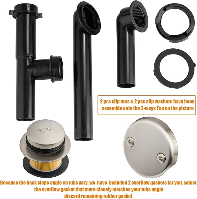 Artiwell 1-1/2" Black Tubular Bath Drain Kit with Tip-Toe Bath Drain Stopper, Touch-Toe Tub Drain, Tip Toe Bathtub Drain Waste and Overflow with Plug and Bathtub Overflow Drain Cover, Brushed Nickel