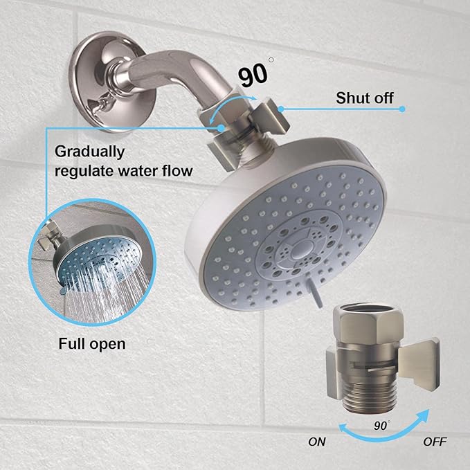 Brass Shut Off Valve, Shower Flow Control Valve, G1/2 Shower Water Pressure Regulator, Water Flow Control Valves for Handheld Shower Head, Brushed Nickel
